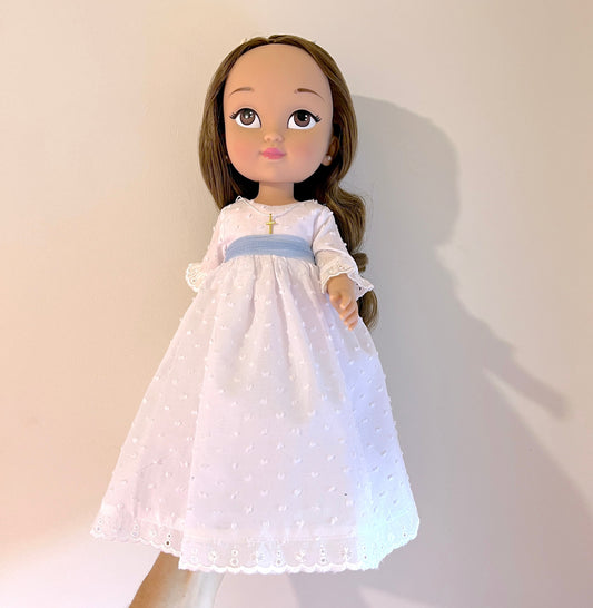 Muñeca de comunión personalizada con vestido Cristina plumeti -SIN VOLANTE EN CUELLO