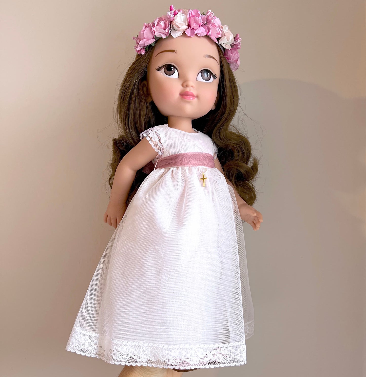 Muñeca de comunión personalizada con vestido MIX - CUERPO DE PLUMETI Y FALDA LISA