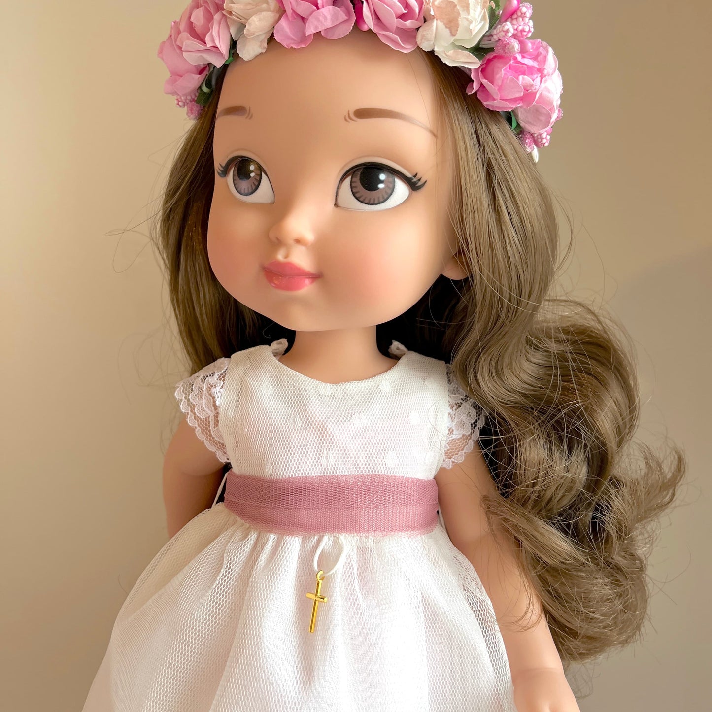 Muñeca de comunión personalizada con vestido MIX - CUERPO DE PLUMETI Y FALDA LISA