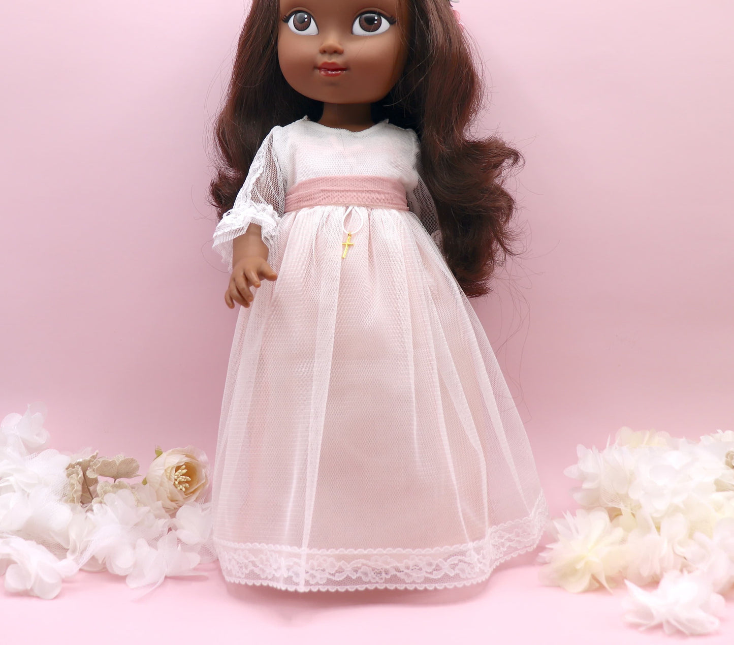 Vestido comunión muñeca CRISTAL TUL ROSA