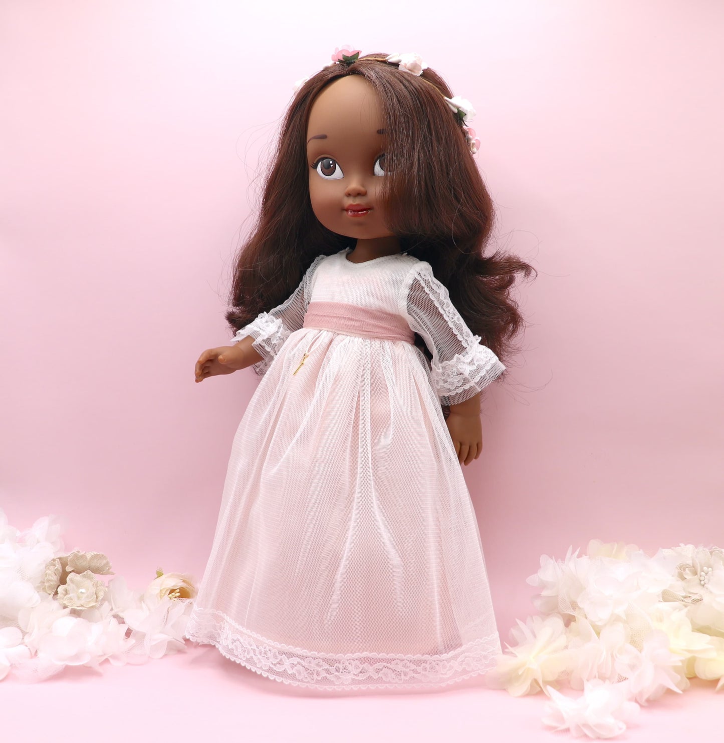 Muñeca de comunión personalizada con vestido Cristal TUL ROSA