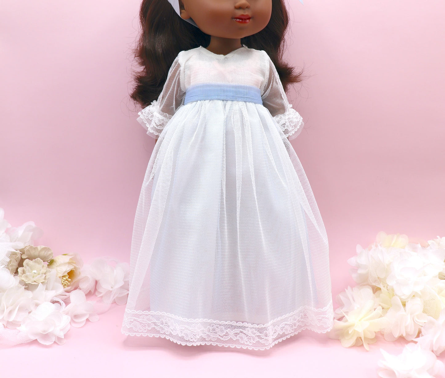 Vestido comunión muñeca CRISTAL TUL AZUL