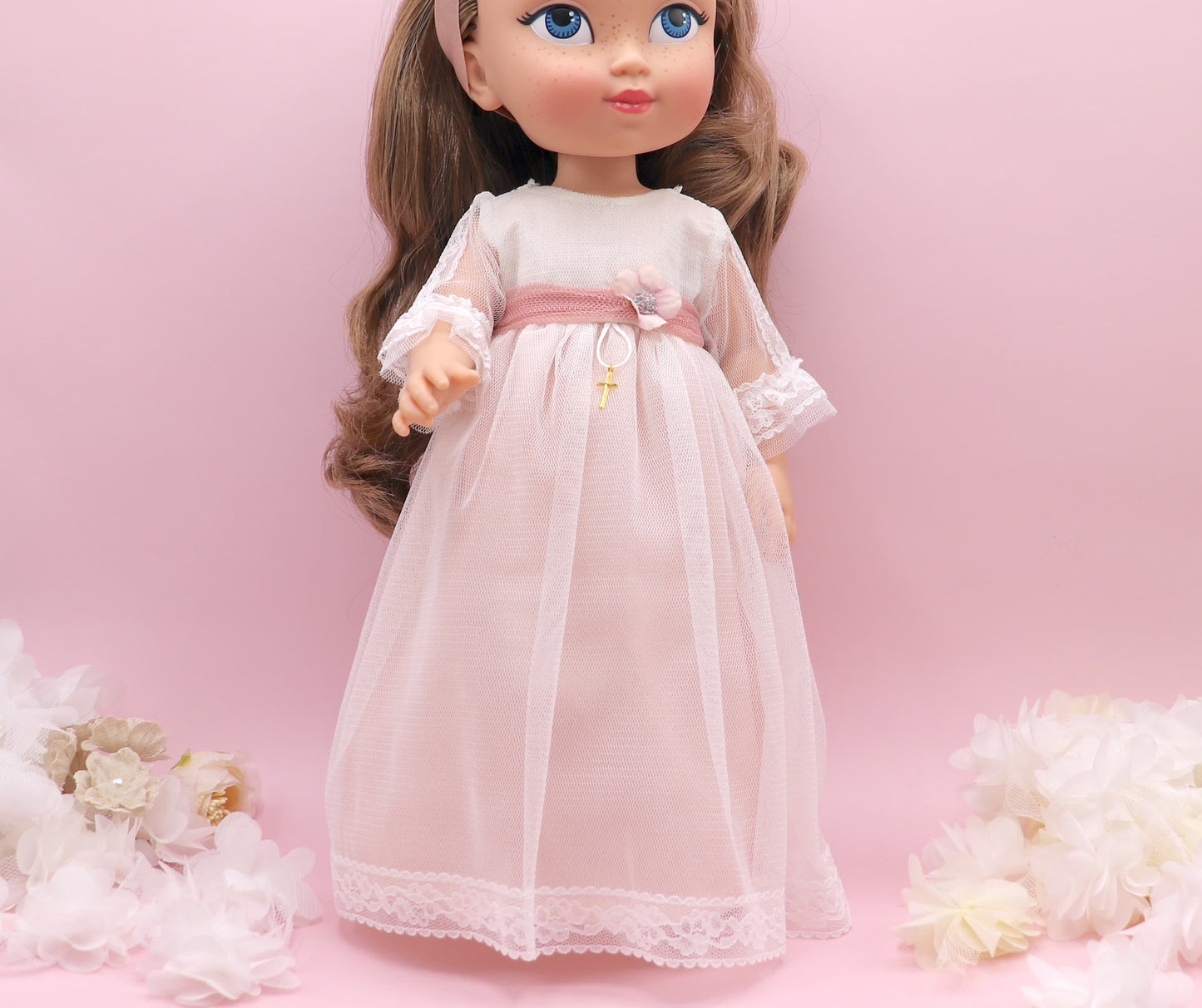 Vestido comunión muñeca CRISTAL TUL ROSA