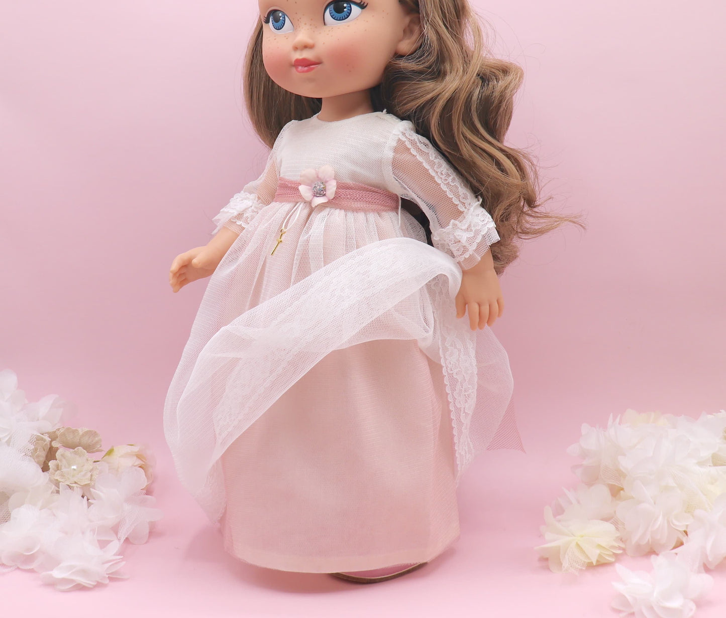 Vestido comunión muñeca CRISTAL TUL ROSA