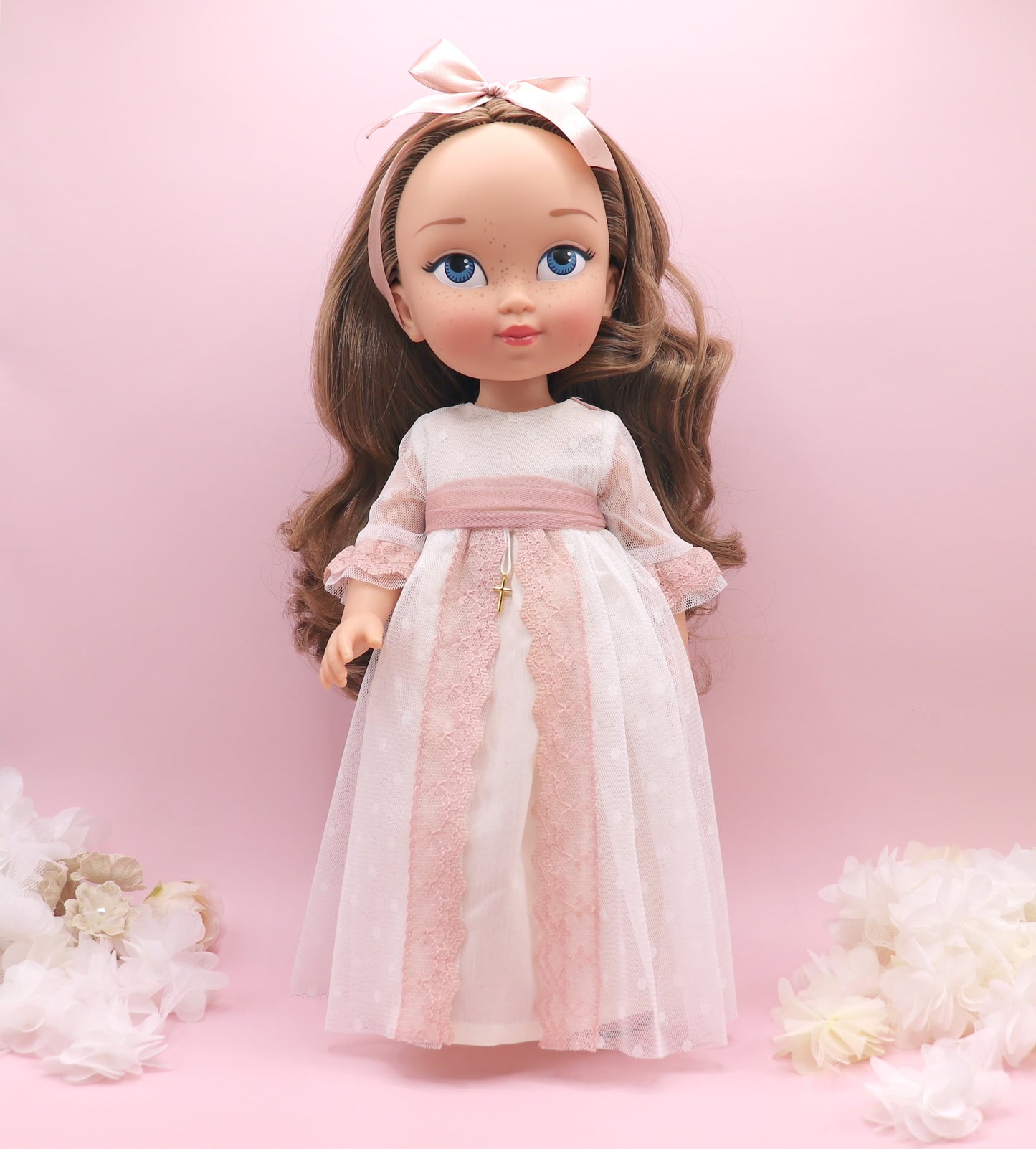 Muñeca de comunión personalizada con vestido ACUARELA PLUMETI ROSA
