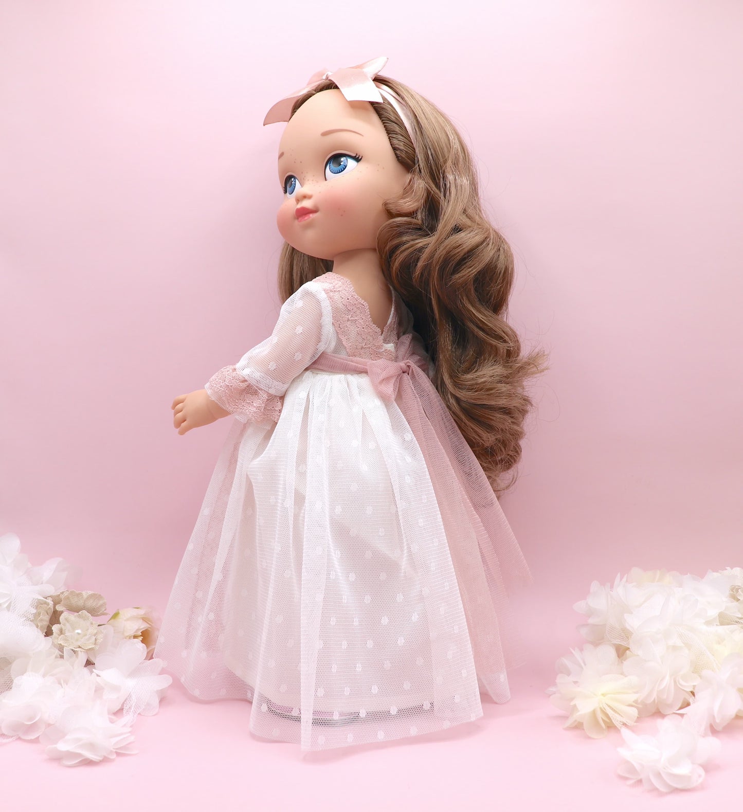 Muñeca de comunión personalizada con vestido ACUARELA PLUMETI ROSA