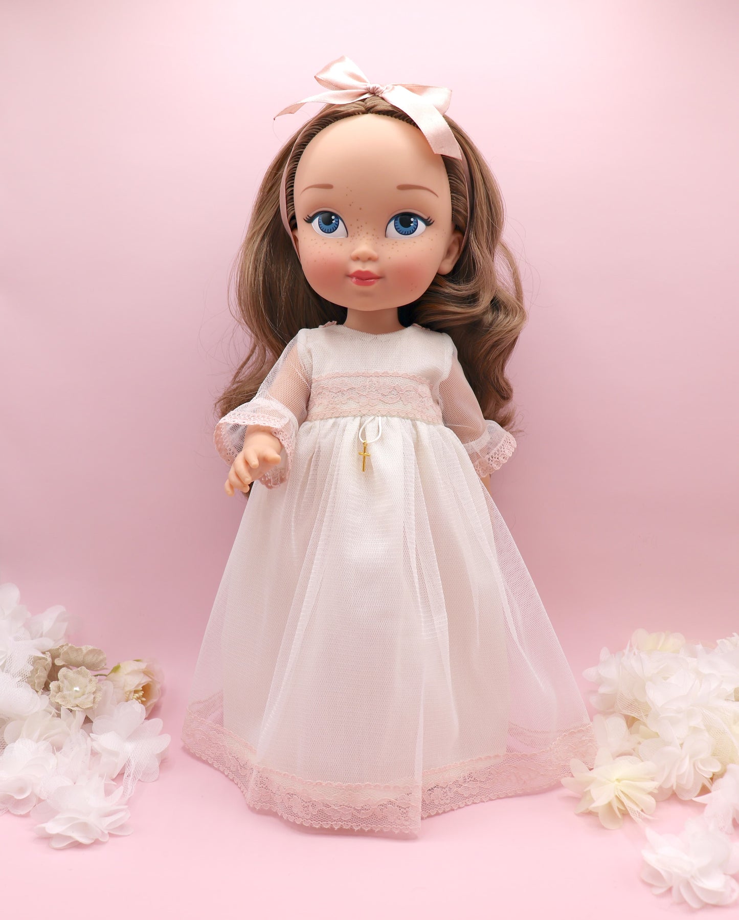 Muñeca de comunión personalizada con vestido Rosanna TUL ROSA