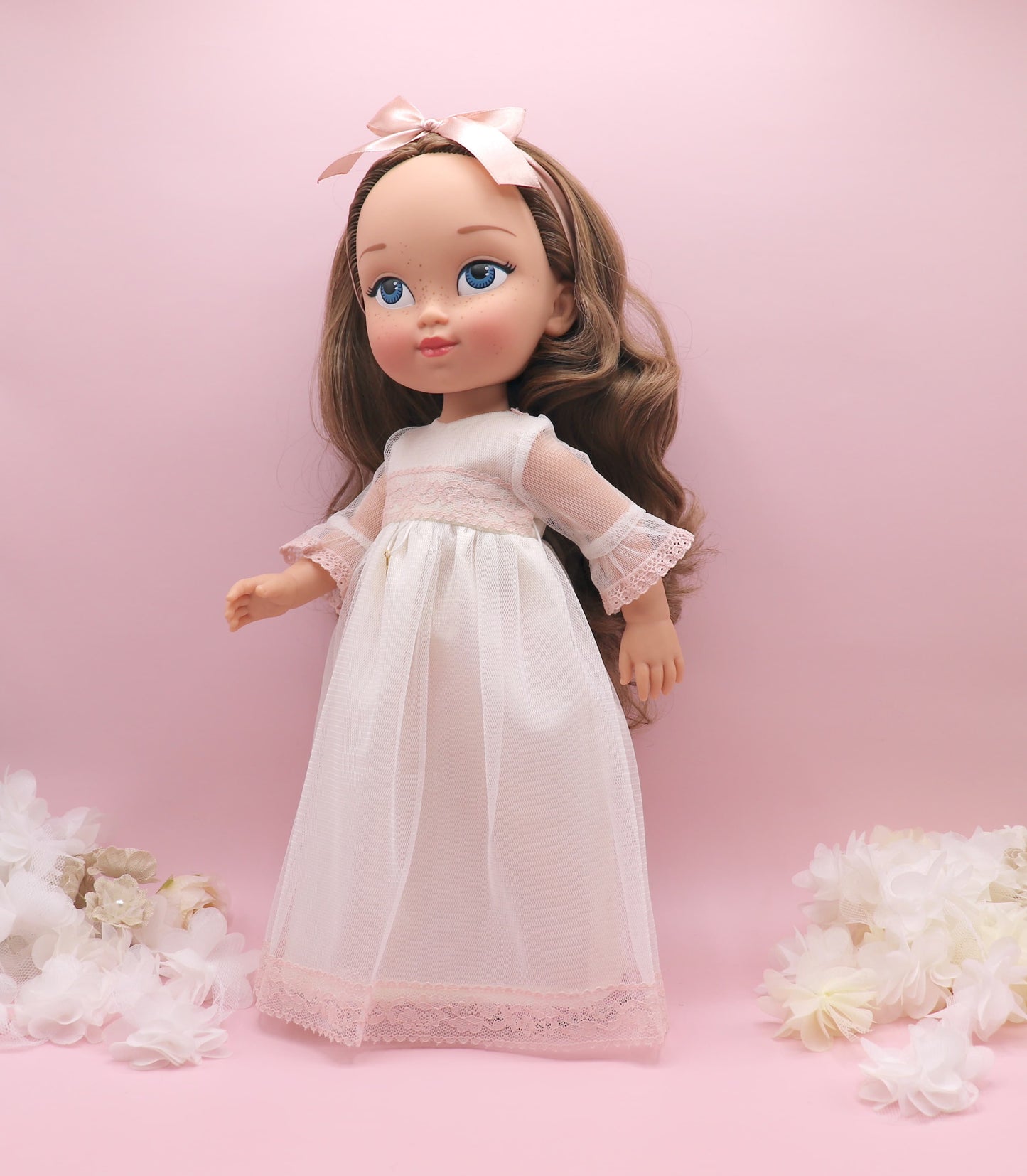 Muñeca de comunión personalizada con vestido Rosanna TUL ROSA