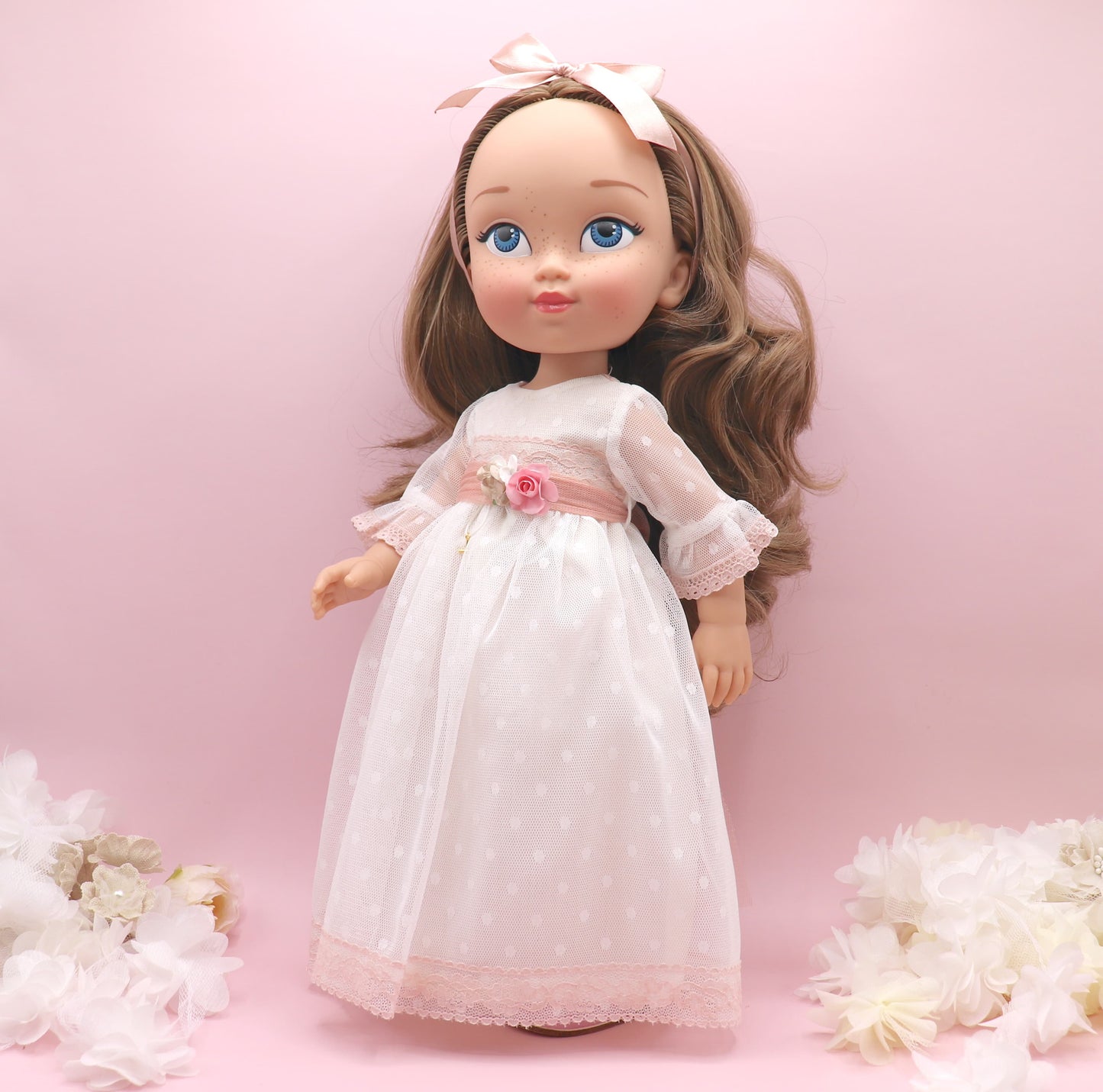 Muñeca de comunión personalizada con vestido ROSANNA PLUMETI ROSA