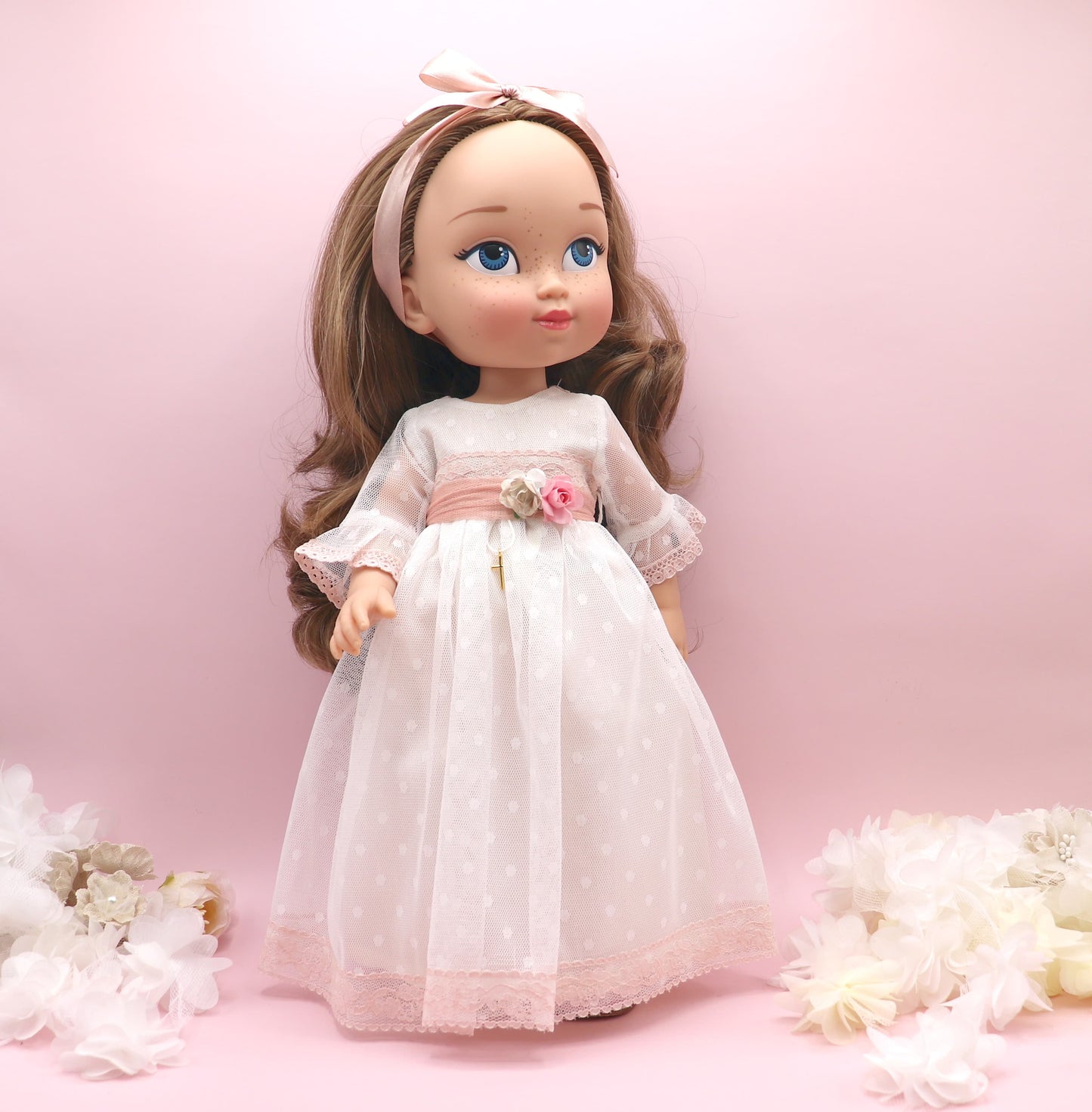 Muñeca de comunión personalizada con vestido ROSANNA PLUMETI ROSA