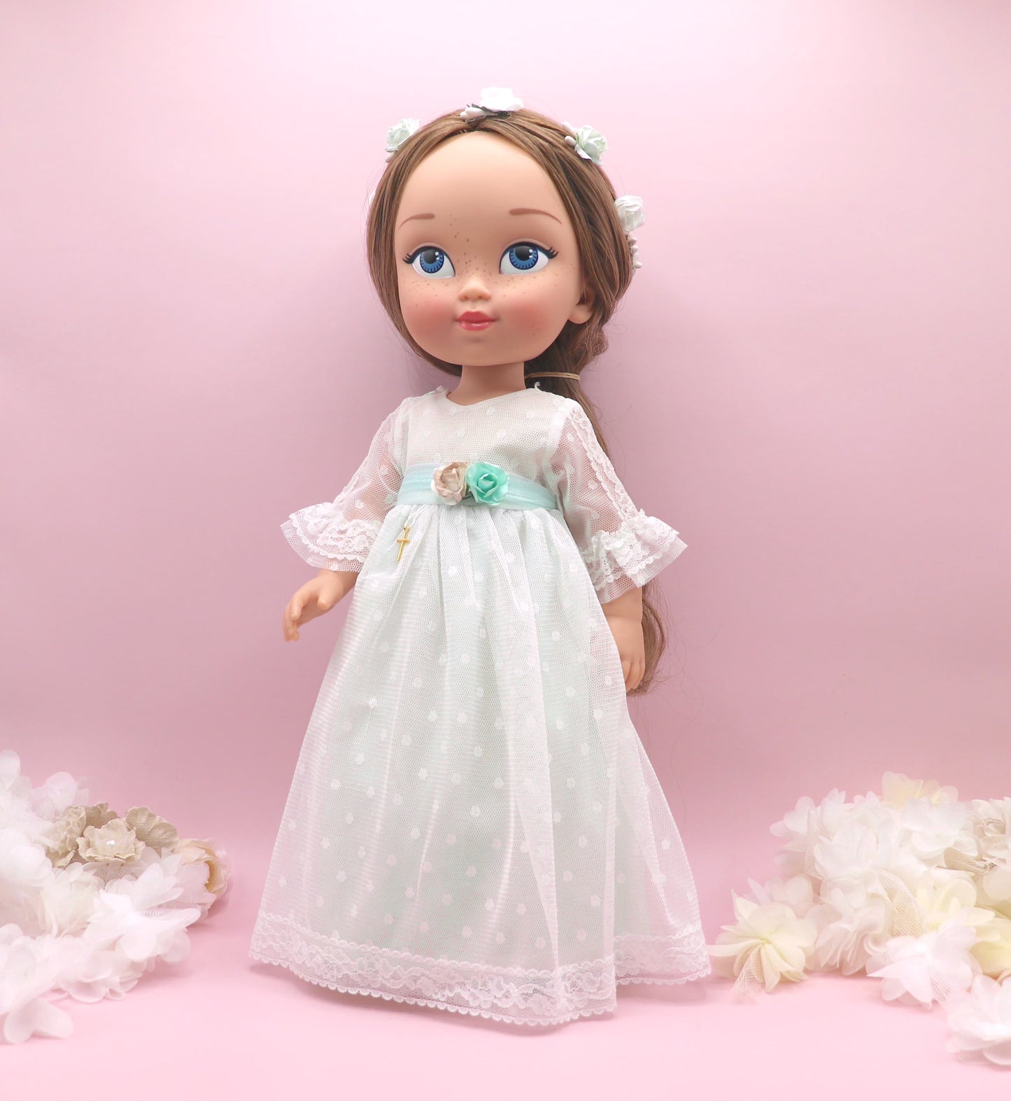 Muñeca de comunión personalizada con vestido Cristal PLUMETI VERDE