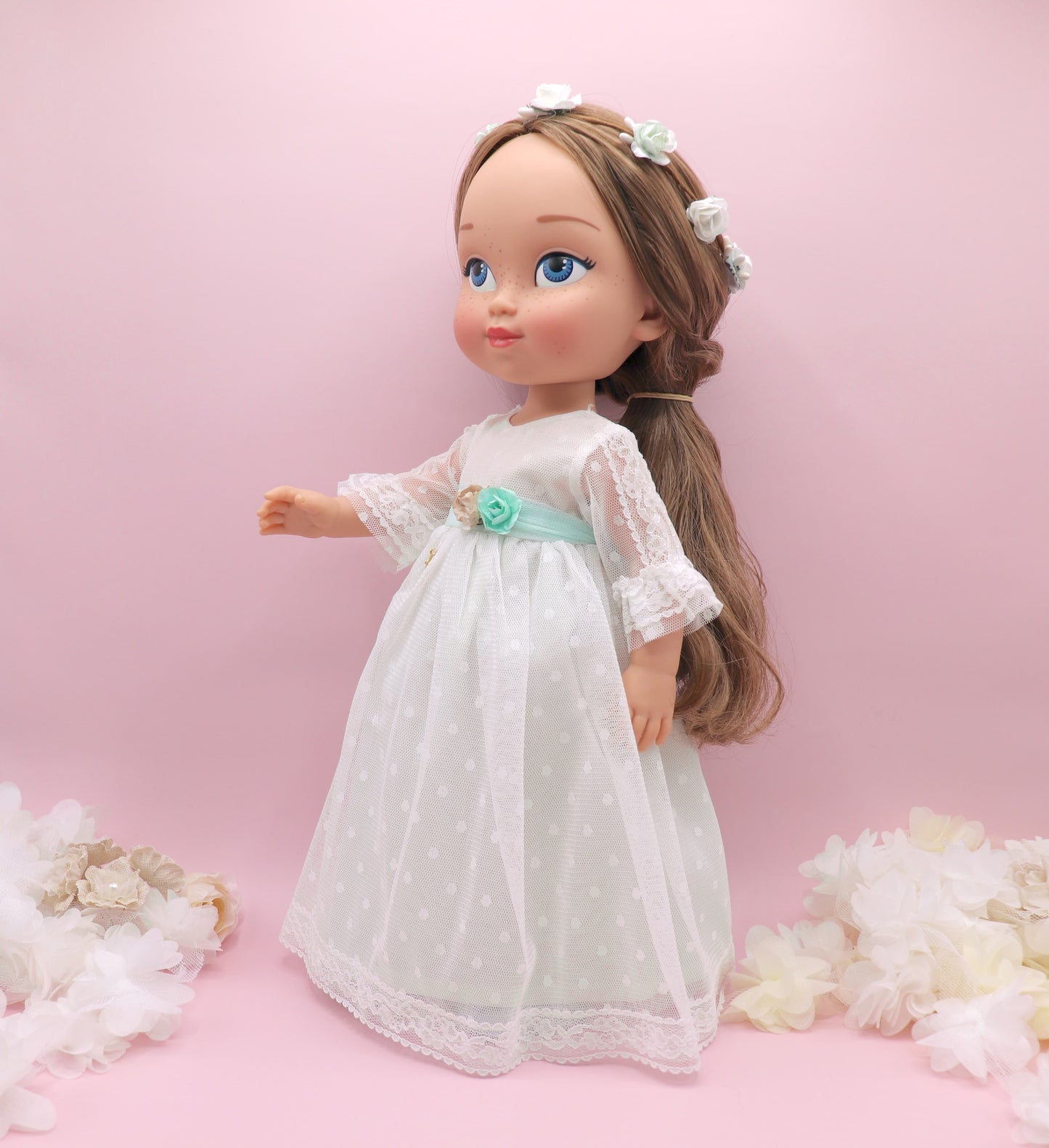 Muñeca de comunión personalizada con vestido Cristal PLUMETI VERDE