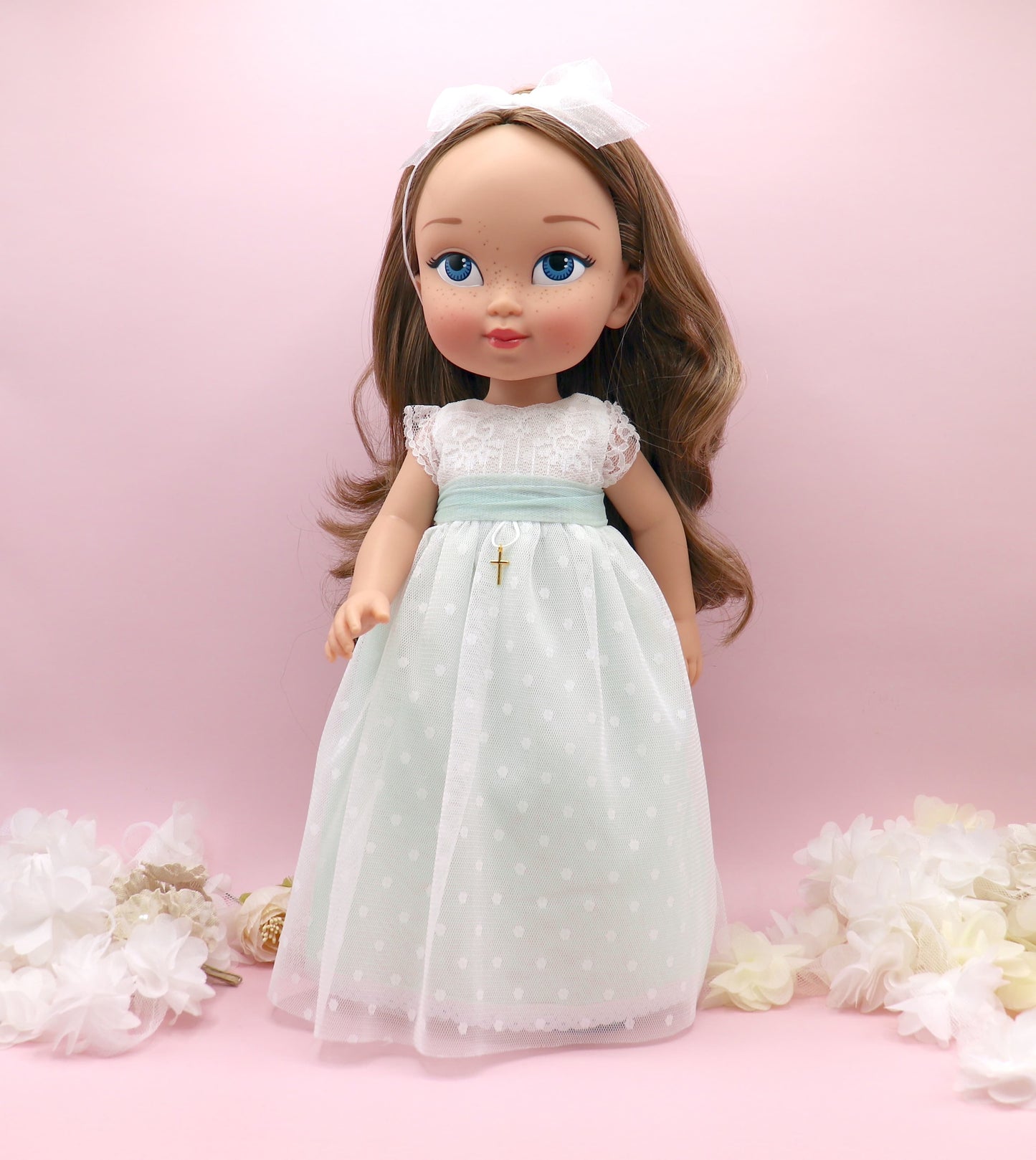 Muñeca de comunión personalizada con vestido Nicole PLUMETI VERDE