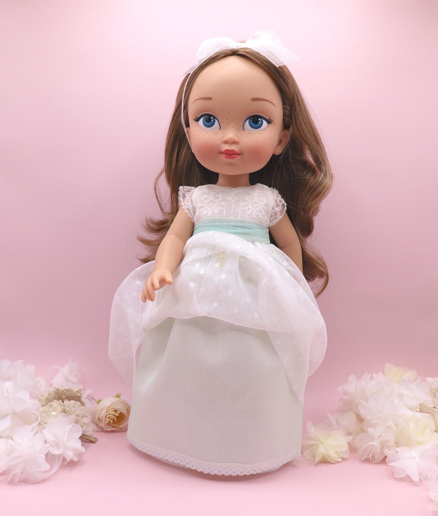 Muñeca de comunión personalizada con vestido Nicole PLUMETI VERDE