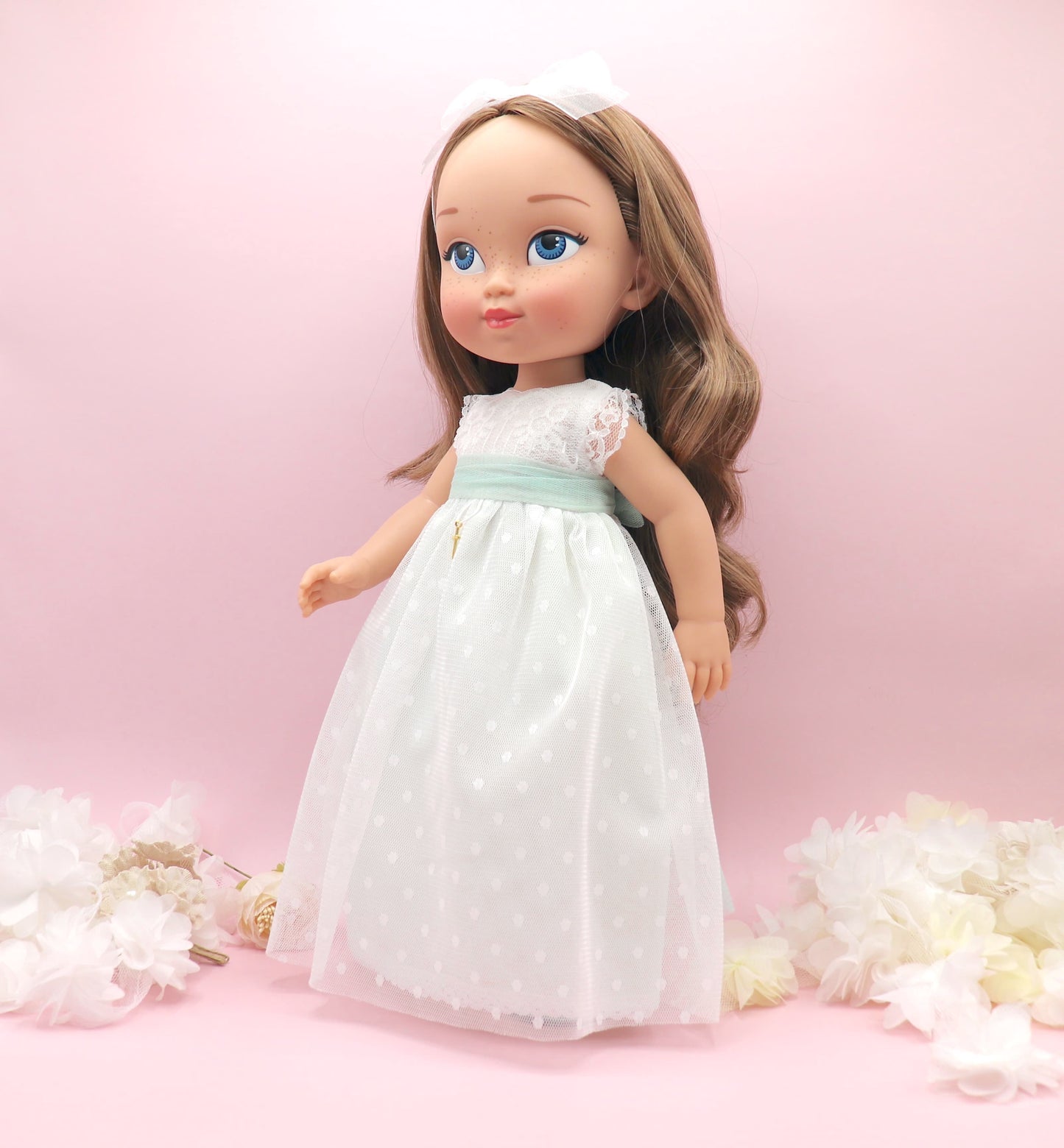 Muñeca de comunión personalizada con vestido Nicole PLUMETI BLANCO