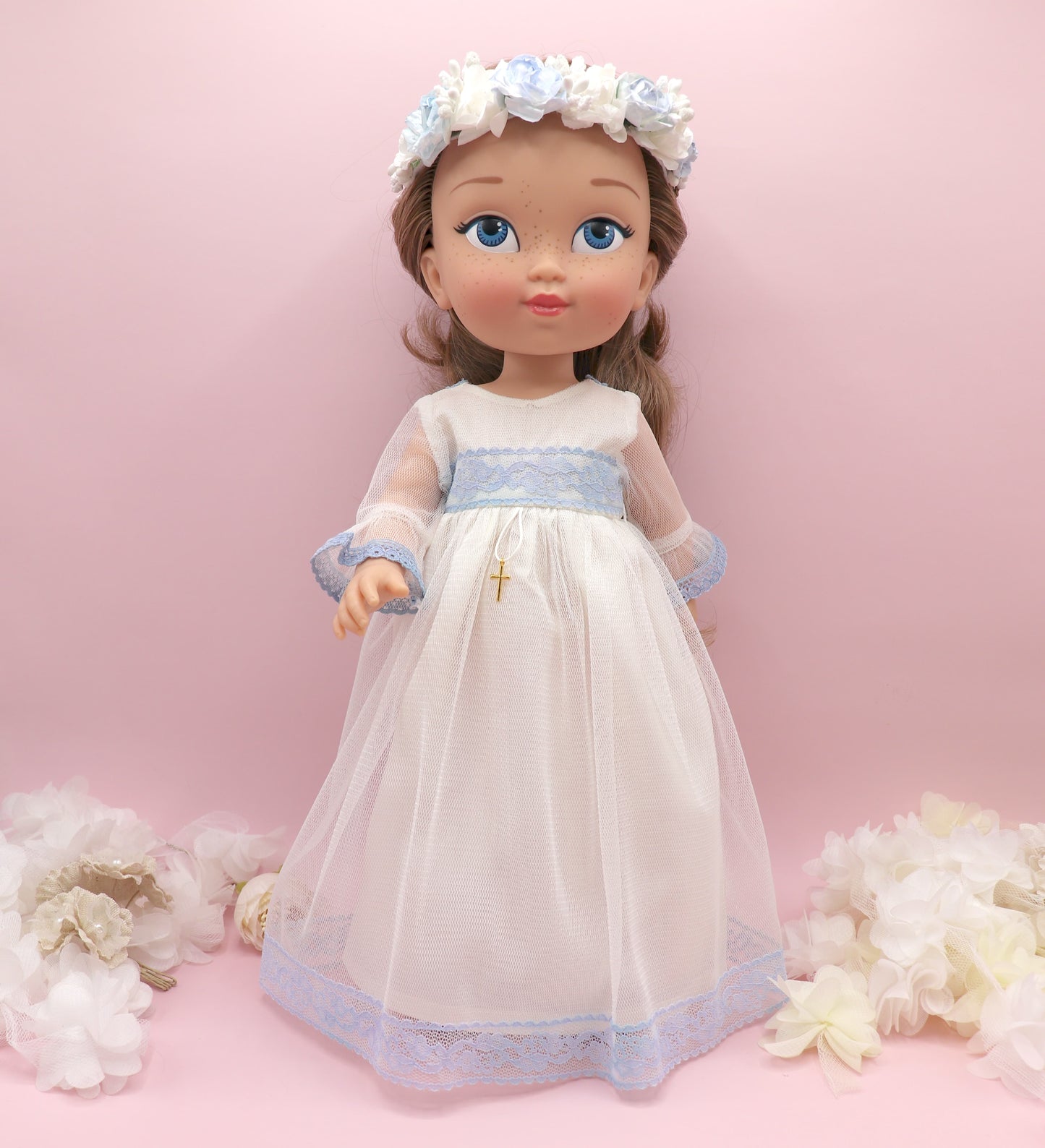 Muñeca de comunión personalizada con vestido Rosanna TUL AZUL