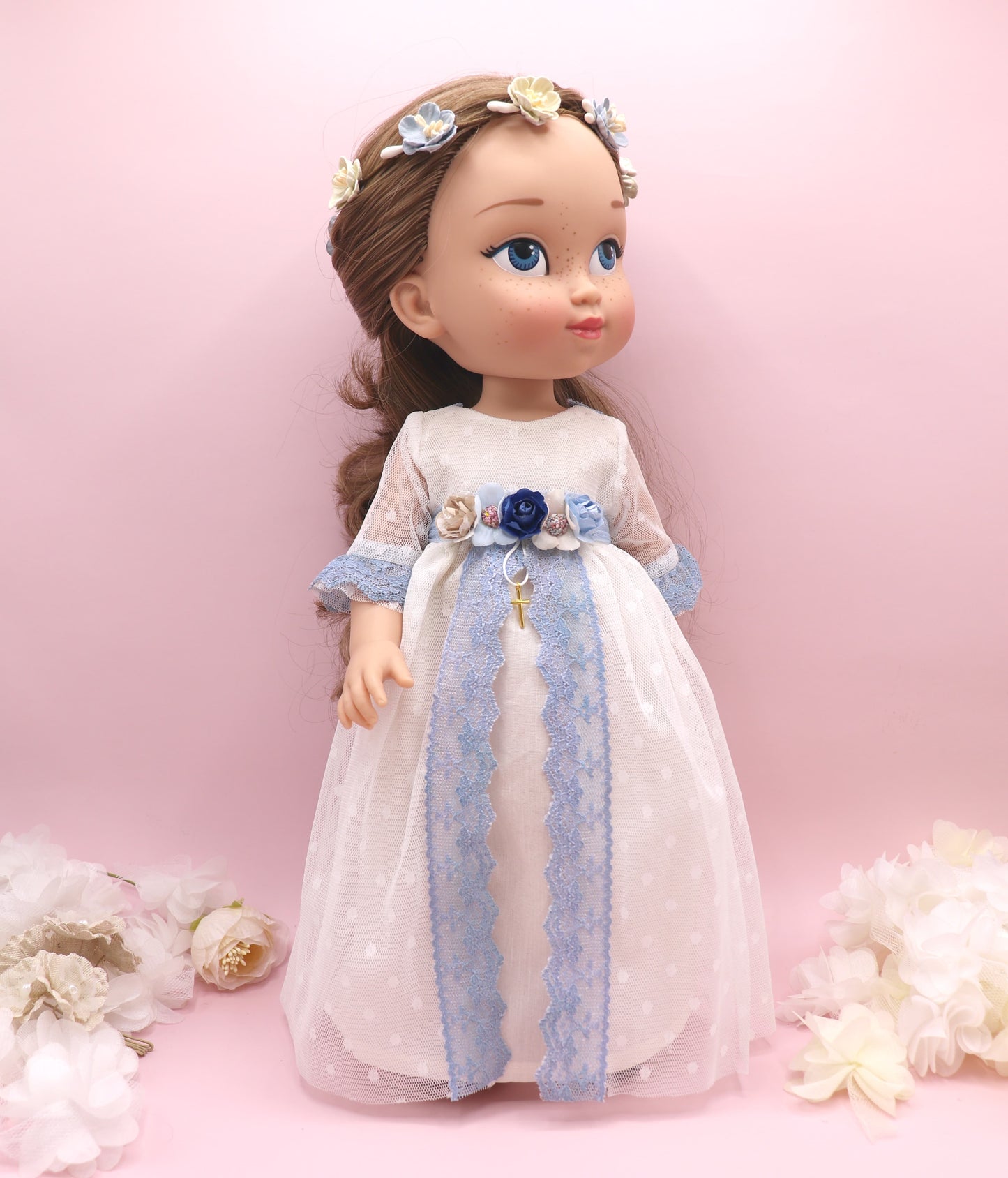 Muñeca de comunión personalizada con vestido ACUARELA PLUMETI AZUL