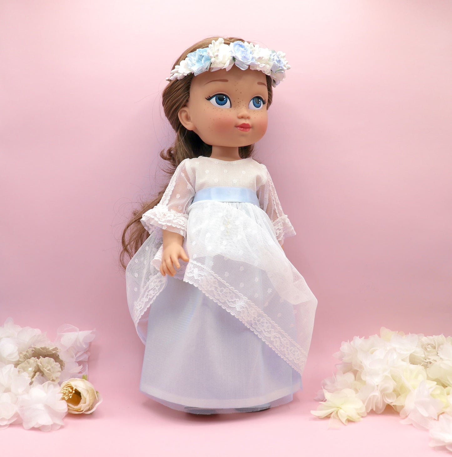 Muñeca de comunión personalizada con vestido Cristal PLUMETI AZUL
