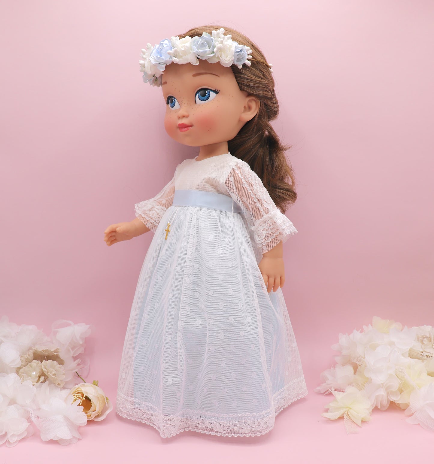 Muñeca de comunión personalizada con vestido Cristal PLUMETI AZUL