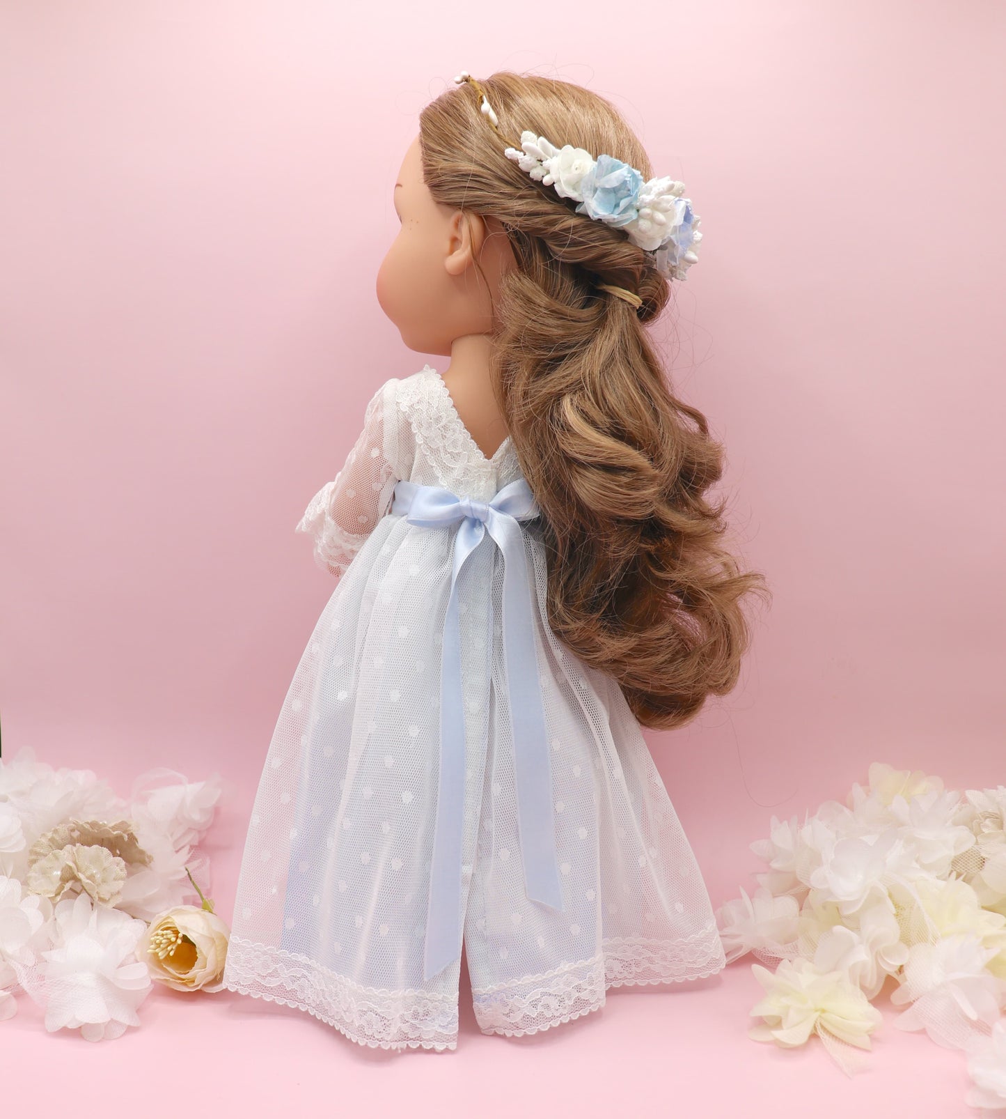 Muñeca de comunión personalizada con vestido Cristal PLUMETI AZUL