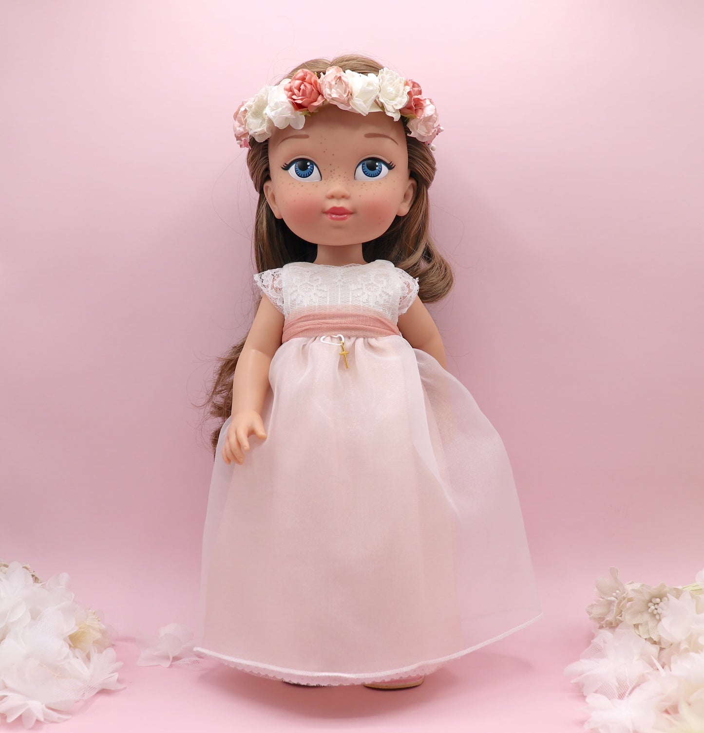 Muñeca de comunión personalizada con vestido NICOLE ORGANZA ROSA