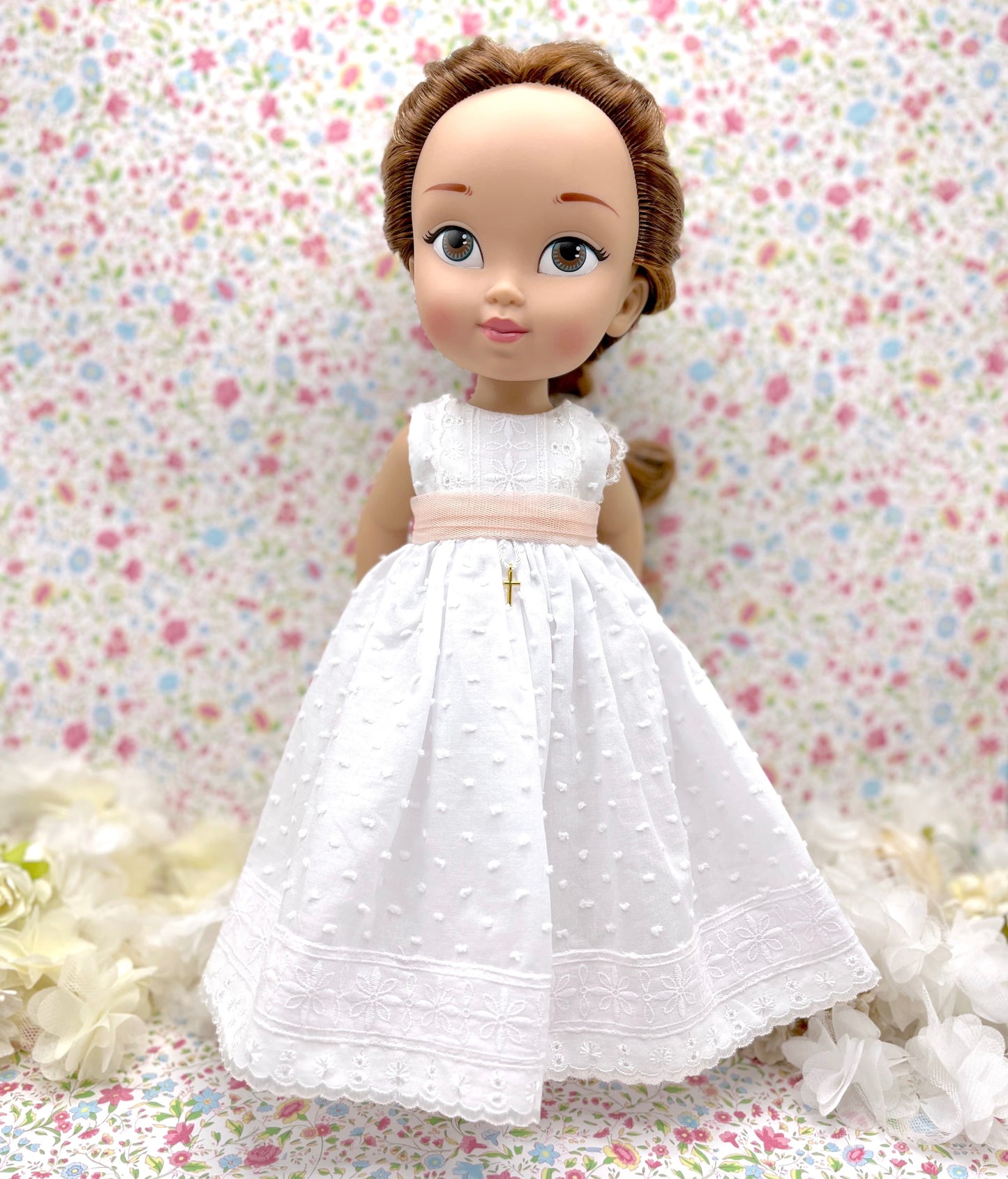 Muñeca de comunión personalizada con vestido Zoe plumeti