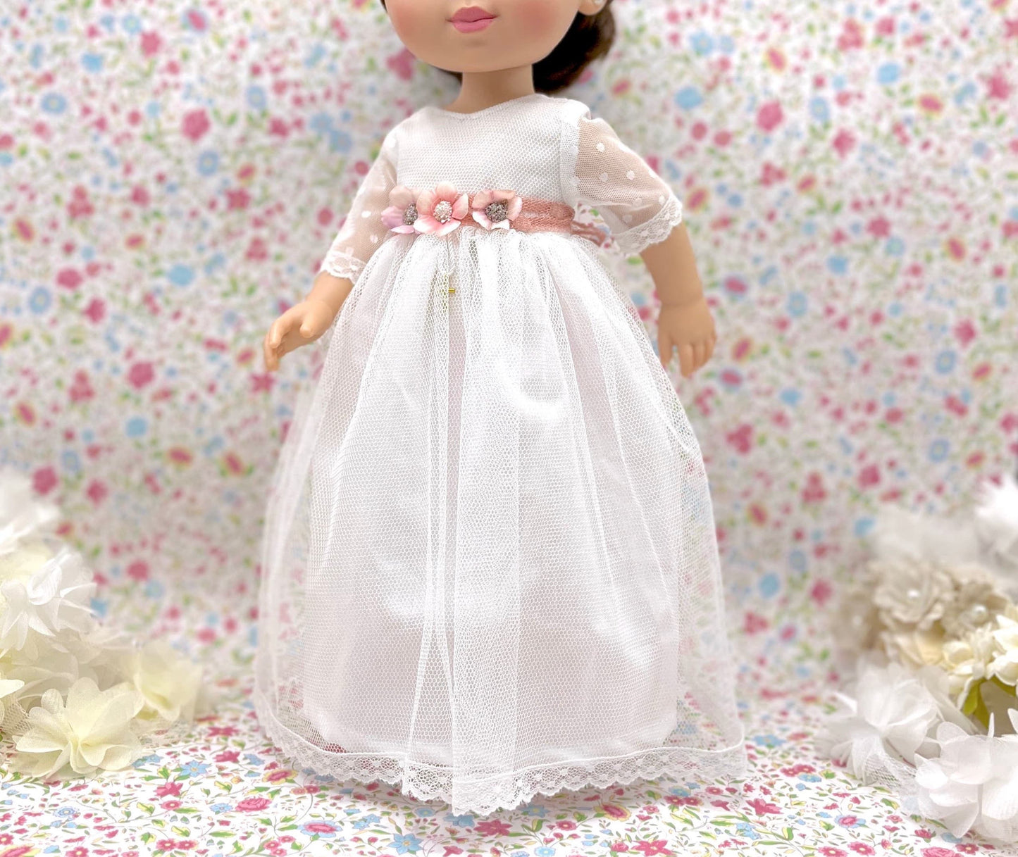 Vestido comunión muñeca Dulcinea con mangas de plumeti