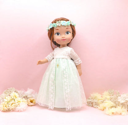 Muñeca de comunión personalizada con vestido Adrienne Verde Agua