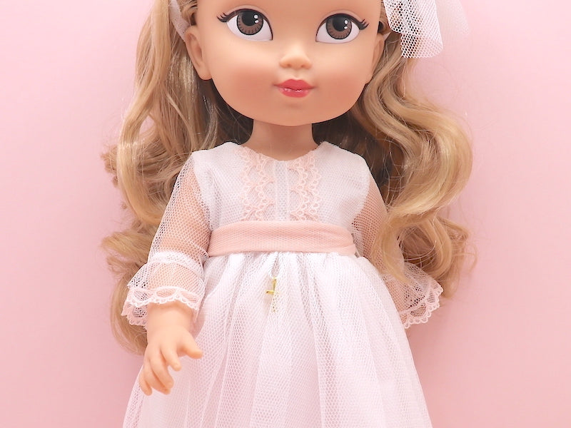 Atenea doll communion dress with pink lace