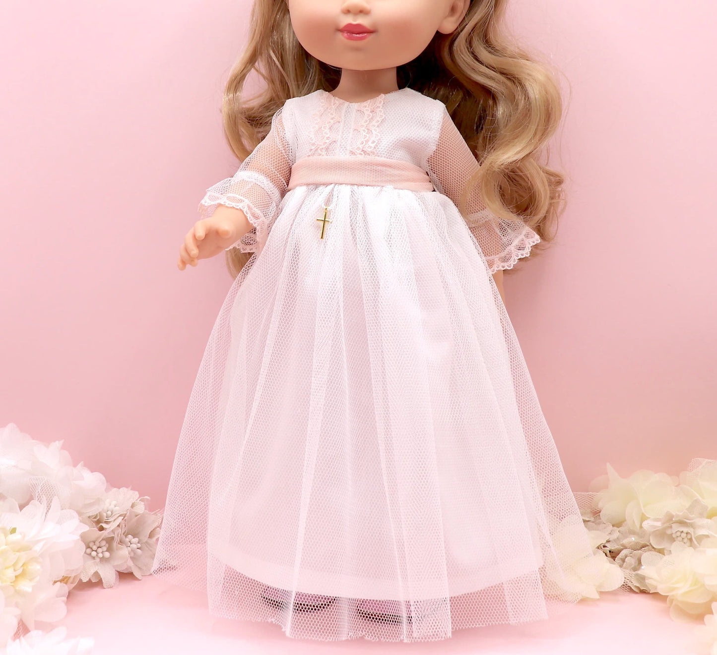Vestido comunión muñeca Atenea puntilla rosa