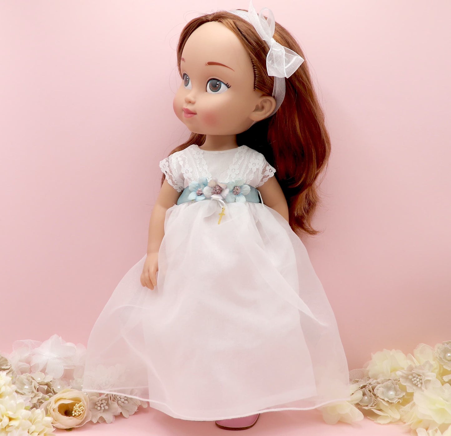 Boneca de comunhão personalizada com vestido de organza Ninfa