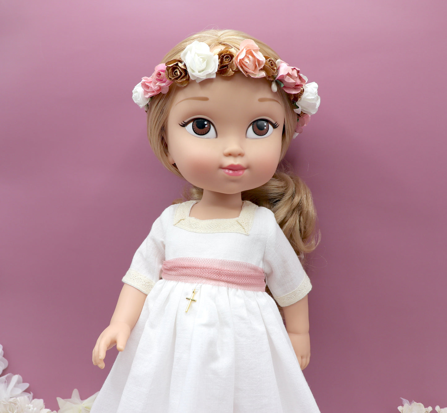 Personalized communion doll with Celine linen dress