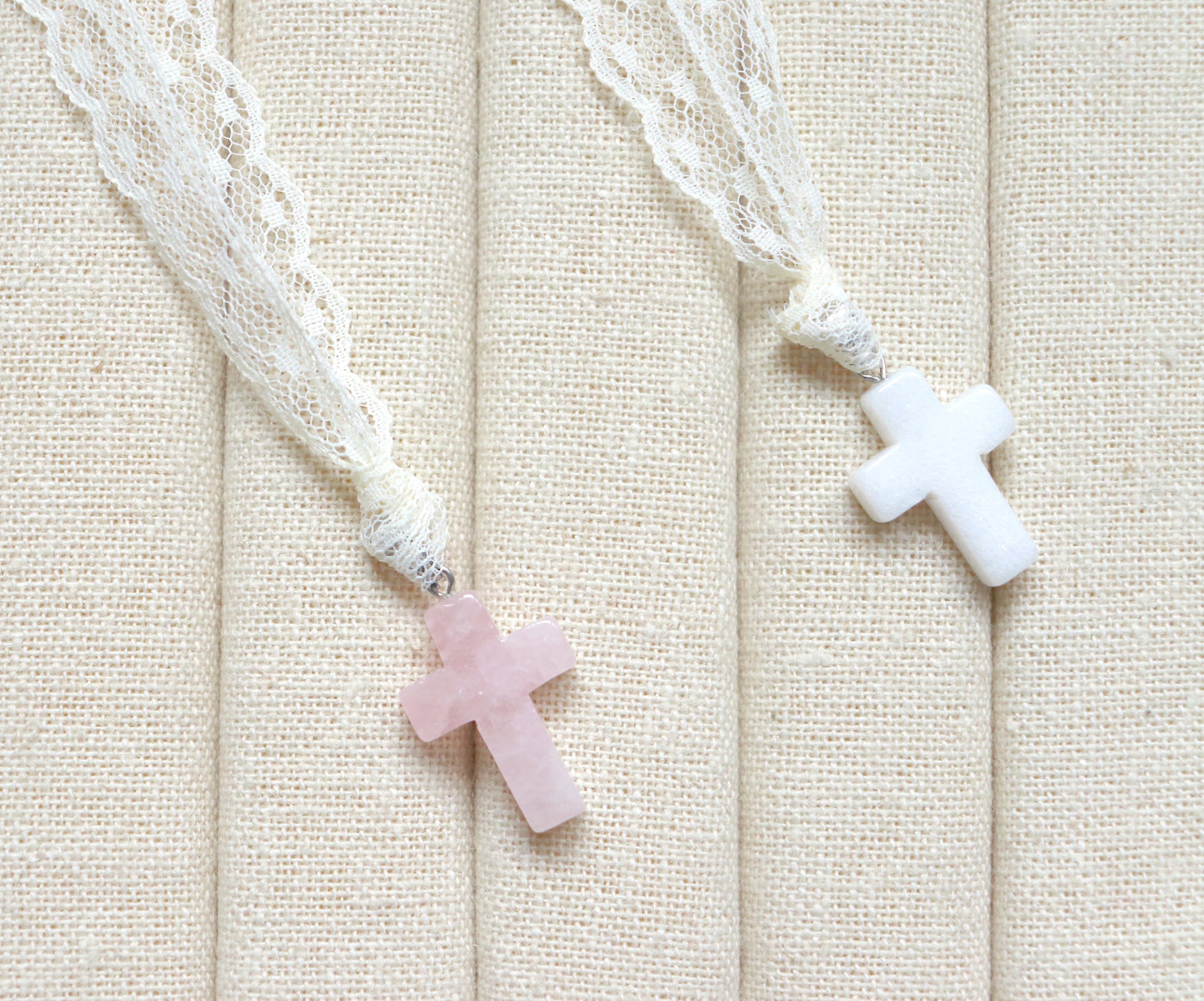 Quartz cross with lace for communion - girl