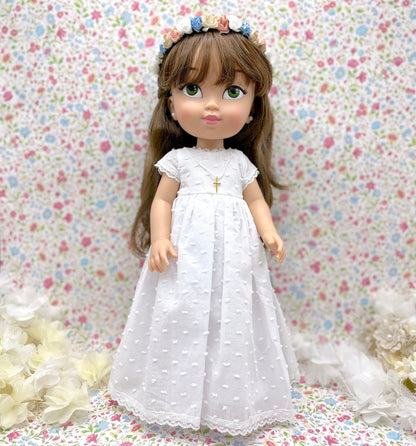 Muñeca de comunión personalizada con vestido Rebecca plumeti