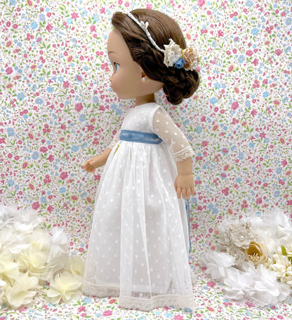 Muñeca de comunión personalizada con vestido Angélica sin volantes en mangas