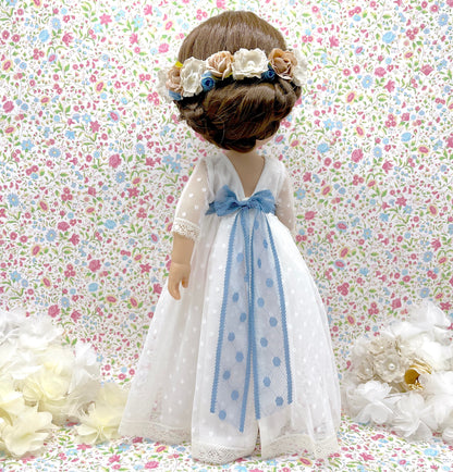Muñeca de comunión personalizada con vestido Angélica sin volantes en mangas