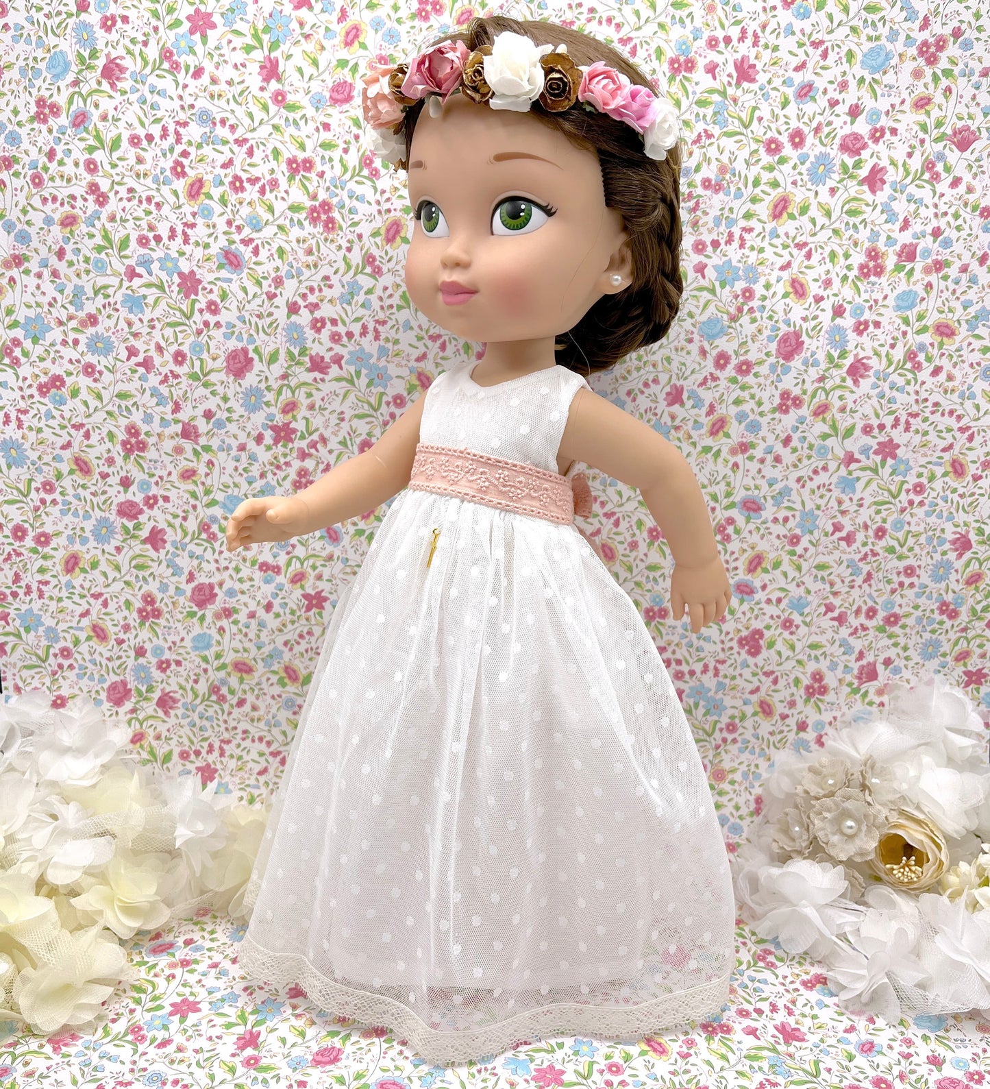 Sleeveless tulle plumeti doll communion dress 