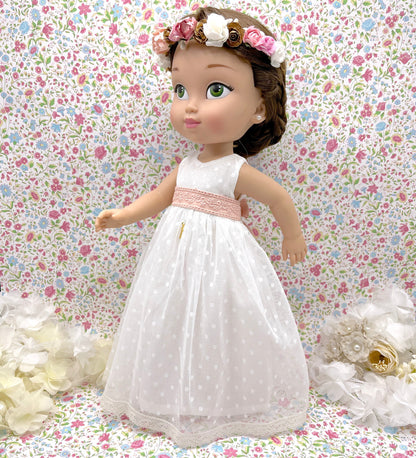 Personalized communion doll with sleeveless tulle plumeti dress