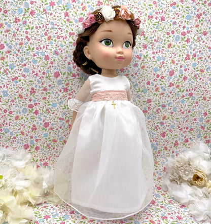 Personalized communion doll with plain organza dress