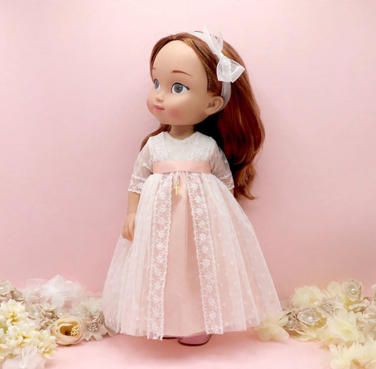 Muñeca de 38cm personalizada como las niñas con vestido de tul de plumeti y falda verde agua de la colección de Primera Comunión de My little twin.