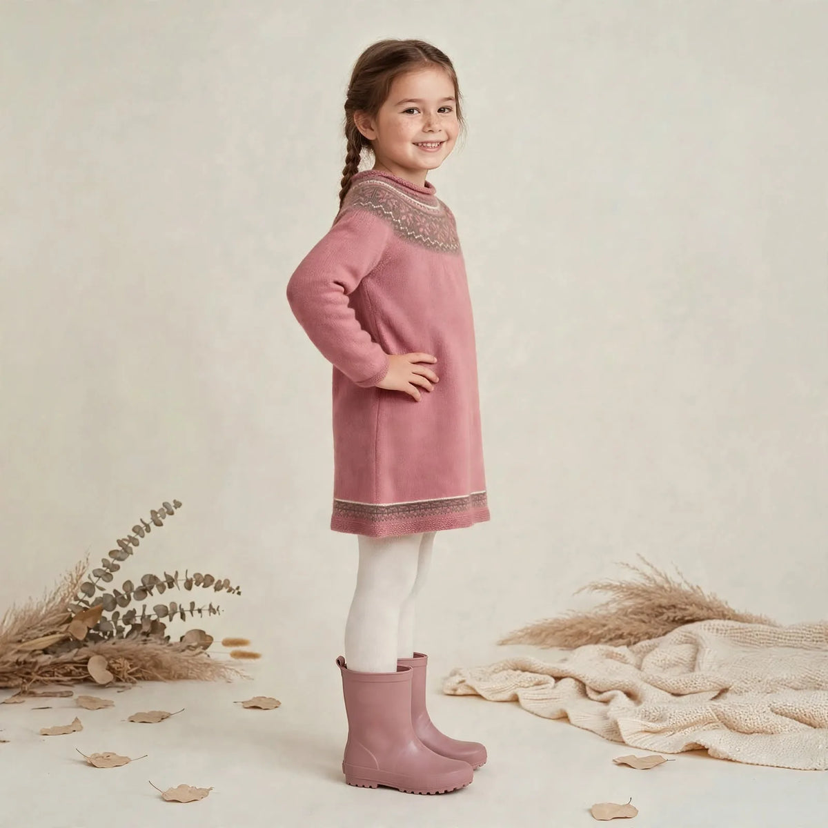 Vista lateral del vestido punto niña jacquard nórdico rosa empolvado cenefa a juego muñeca  - My Little Twin