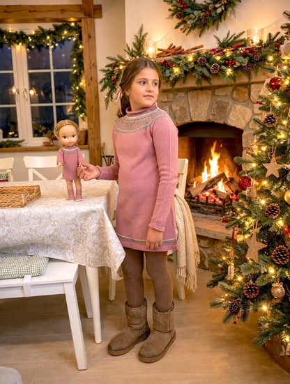Niña con vestido punto rosa empolvado a juego muñeca igual vestida chimenea Navidad - My Little Twin