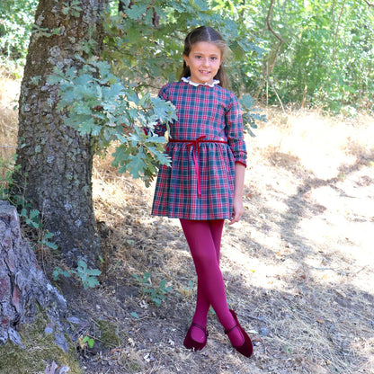 Vestido cuadros navideño niña rojo verde con lazo burdeos en bosque - vestido niña Navidad

