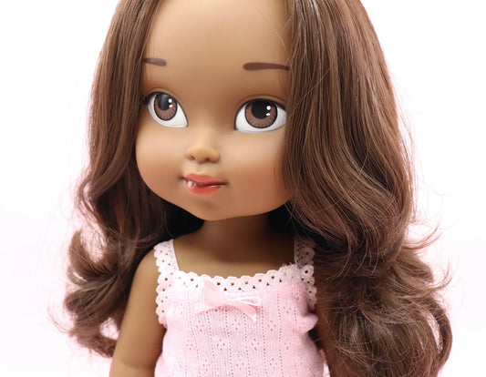Muñeca personalizada Valentina piel morena con pelo castaño ondulado y ojos marrones - My Little Twin