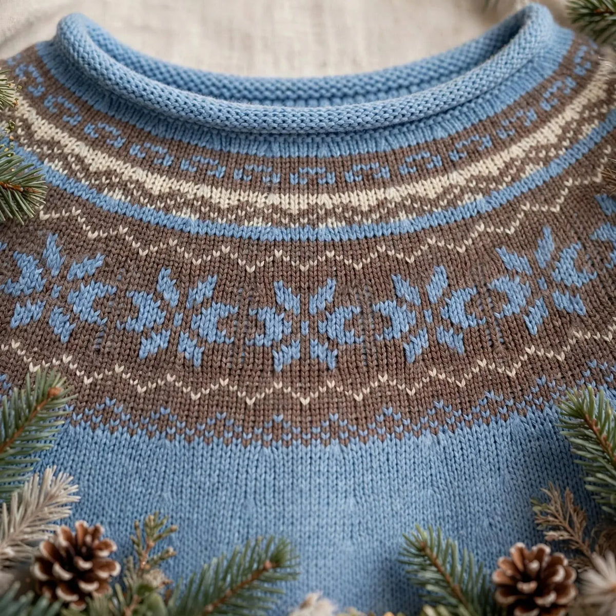 Detalle tejido jacquard nórdico cenefa celeste azul marrón y crudo - punto suiza vestido niña