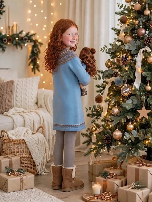 Regalo de Navidad para niña - Muñeca igual que ella con ropa a juego - Niña pelirroja con vestido azul y muñeca gemela igual junto al árbol de Navidad My Little Twin
