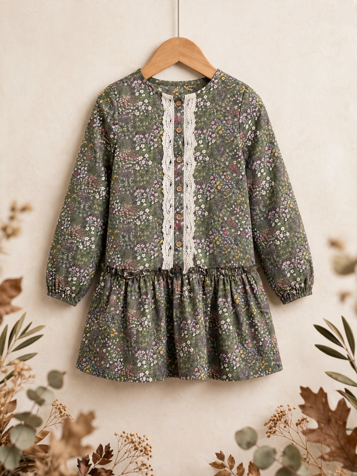 Vestido para niña con flores verdes, botones de madera y puntillas crudas de la colección de otoño de my little twin. También isponible el vestido para ir a juego con su muñeca