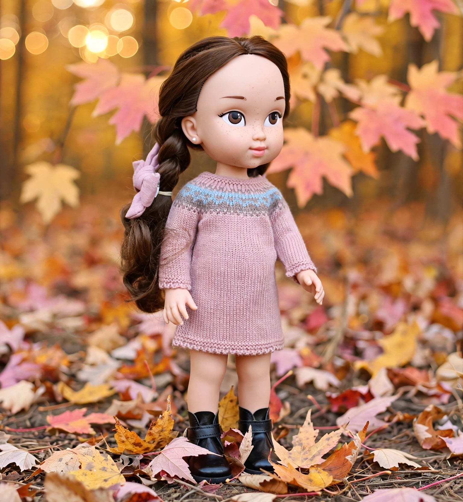 Muñeca con vestido punto rosa empolvado jacquard azul y gris, lazo rosa, botas negras, en bosque otoñal My Little Twin