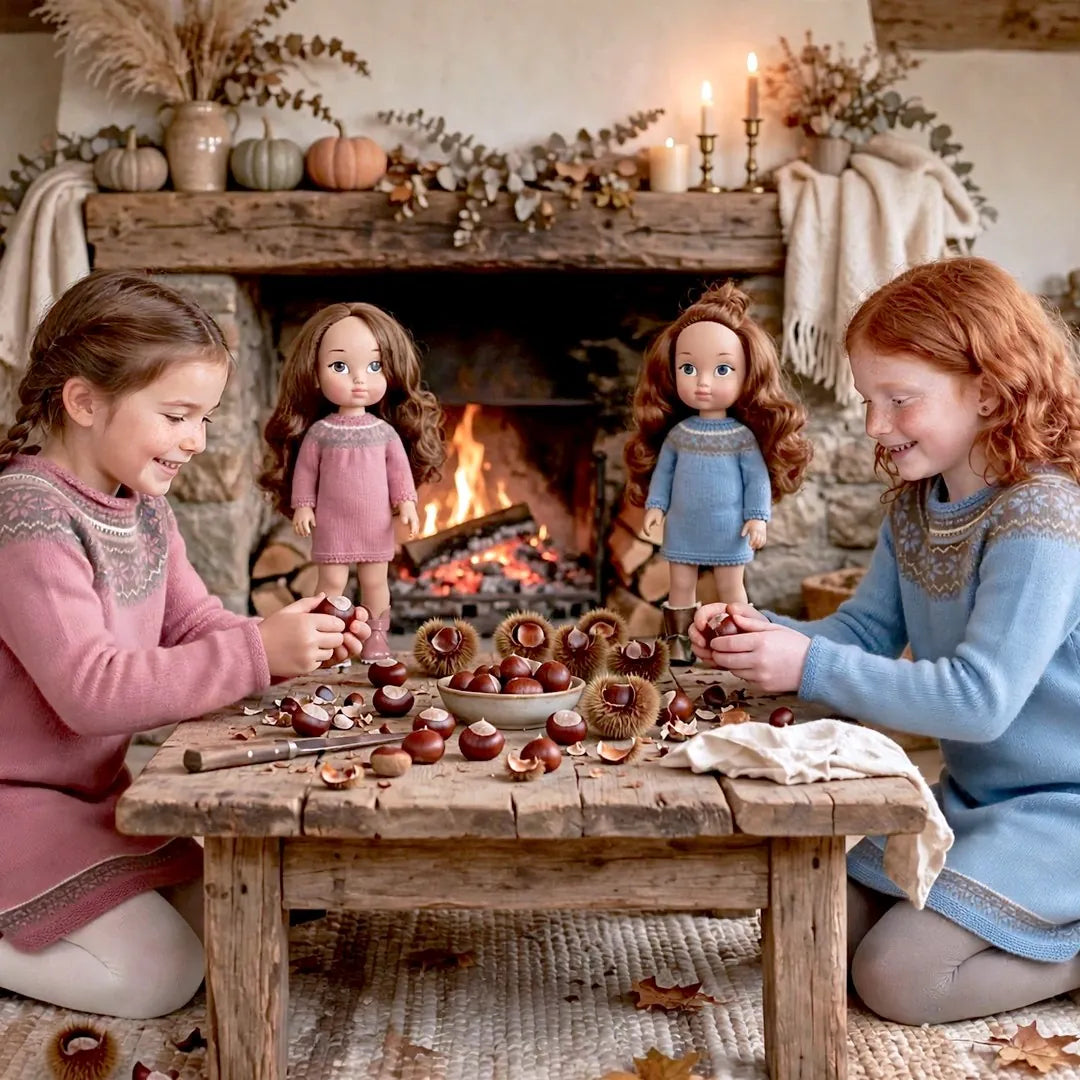 Dos niñas jugando con castañas junto a la chimenea con sus muñecas gemelas My Little Twin con vestidos iguales de punto rosa y azul de otoño