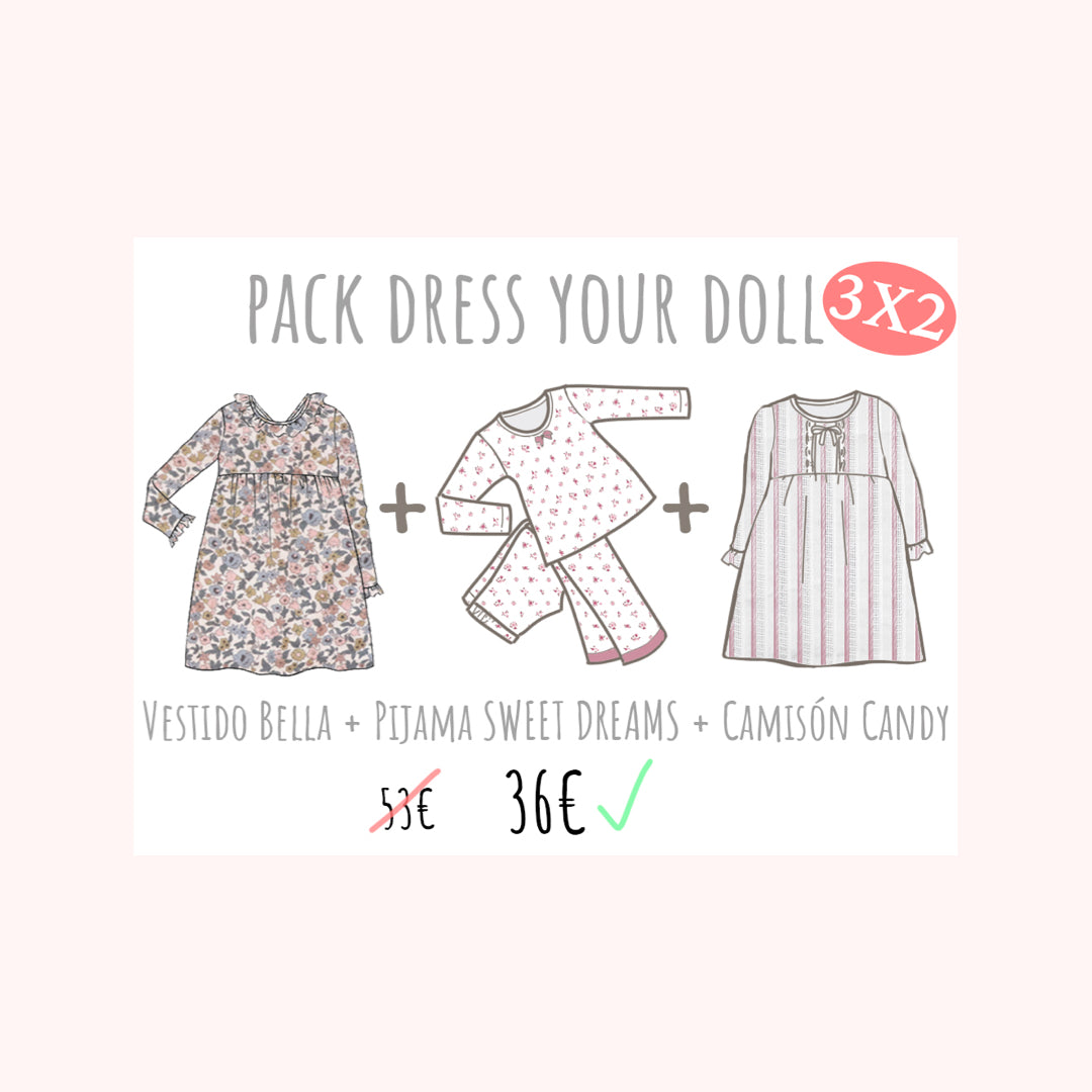 Pack con vestido, pijama y camisón de muñeca.